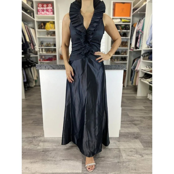 Tadashi Black Satin Ruffle High Collar Maxi Dress $495 - Picture 2 of 12